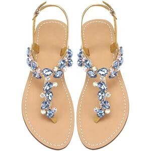 Aijivou Womens Size 8.5 Blue Rhinestone Sandals Flip Flop Open Round Toe Shoes